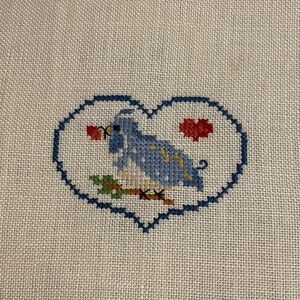 Heart cross-stitch Fabric with Blue quail
